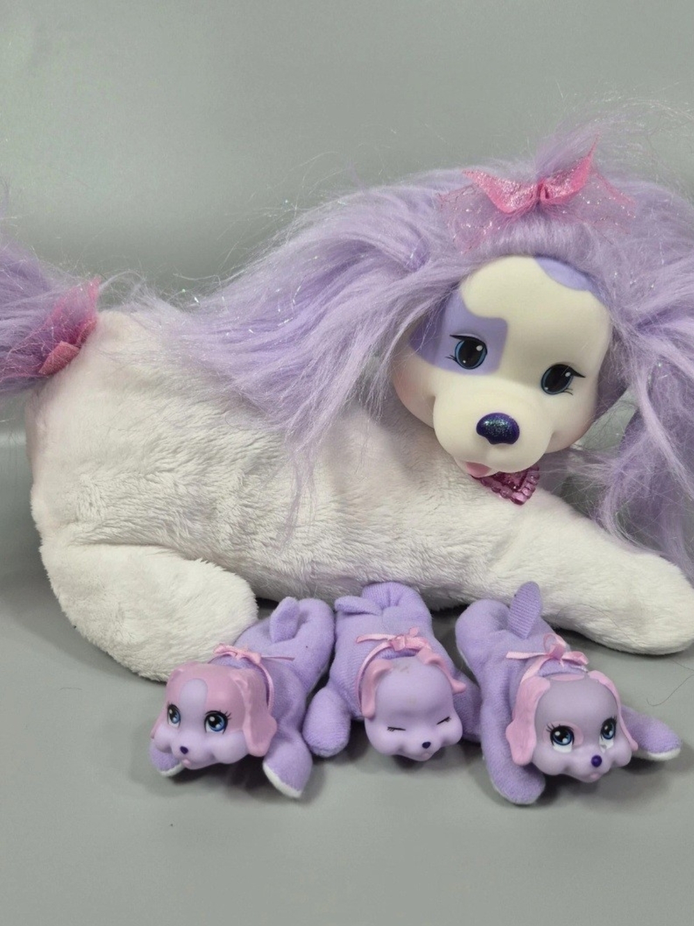 Puppy Surprise Plush Stuffed Dog Mom 3 Puppies 2014 White Purple Pre Loved